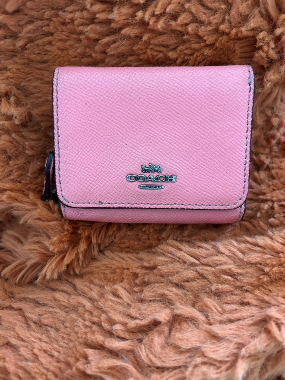 Coach Pink Saffiano Leather Trifold Wallet with Silver Logo